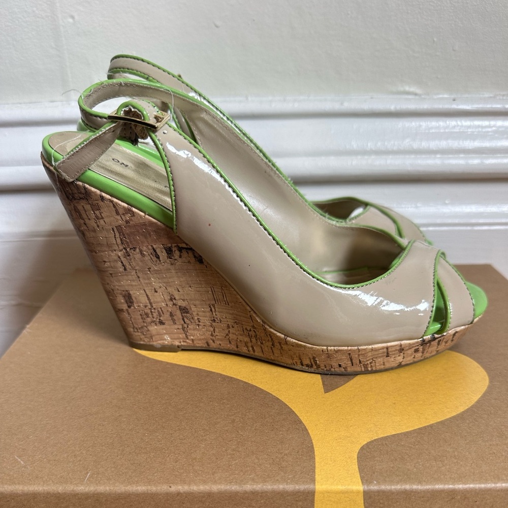 Y2K Tommy Hilfiger Cork Wedge Peep Toe Sandals Green Coastal 7 1/2